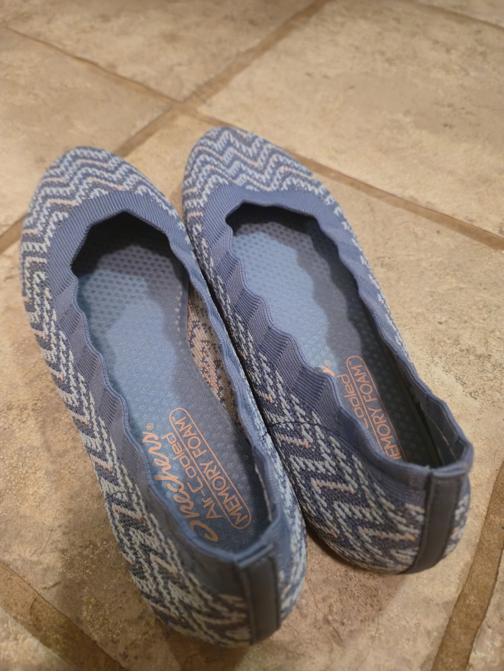 Skechers Cleo Blue and Pink Zigzag Slip-On Flats with Air Cool Memory Foam